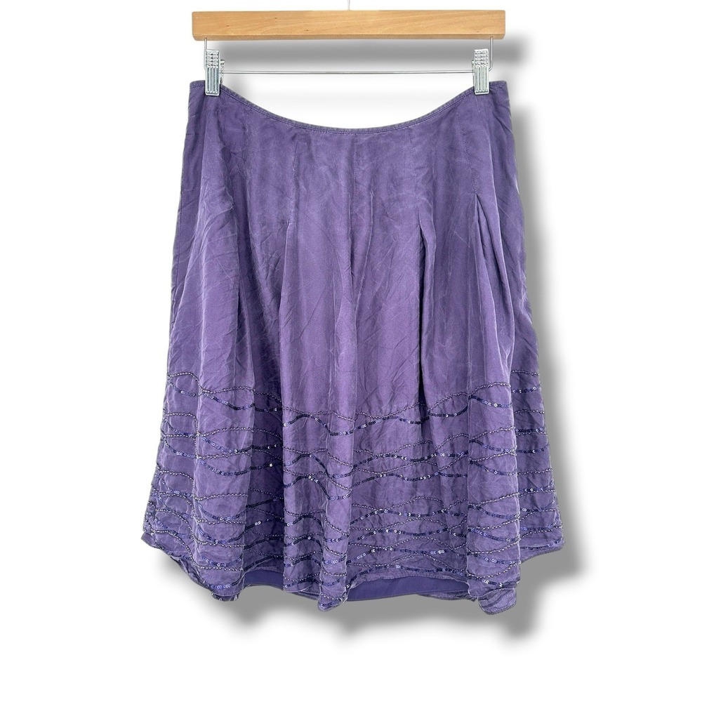 Talbots Silk Skirt 10 Purple Sequin Hem A-Line Pleated Fairycore Boho Romantic